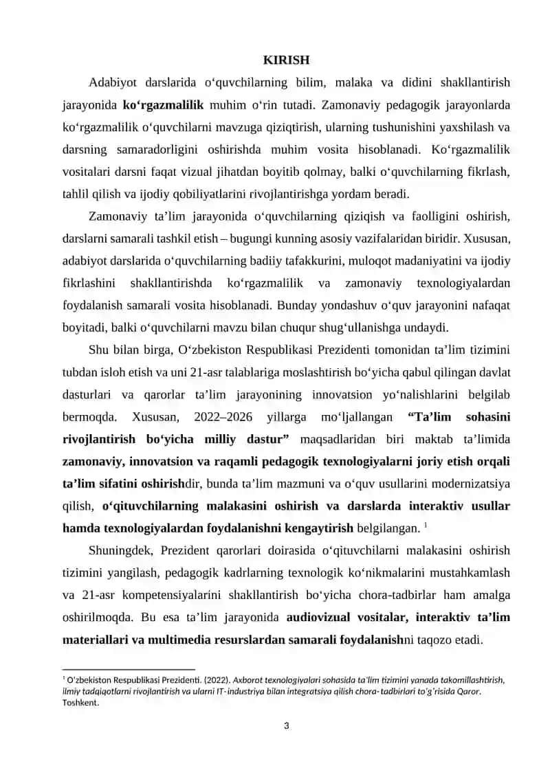 ADABIYOT DARSLARIDA KO‘RGAZMALILIKNI TASHKIL ETISH. AUDIOVIZUAL VA TEXNIK VOSITALARDAN FOYDALANISH 2