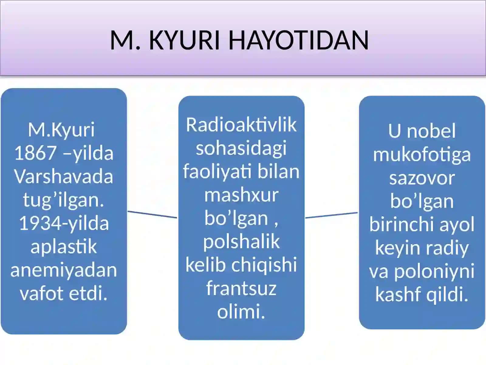 M.KYURINING KIMYOVIY KASHFIYOTI. RADIY BIRIKMALARINING XOSSALARI 2