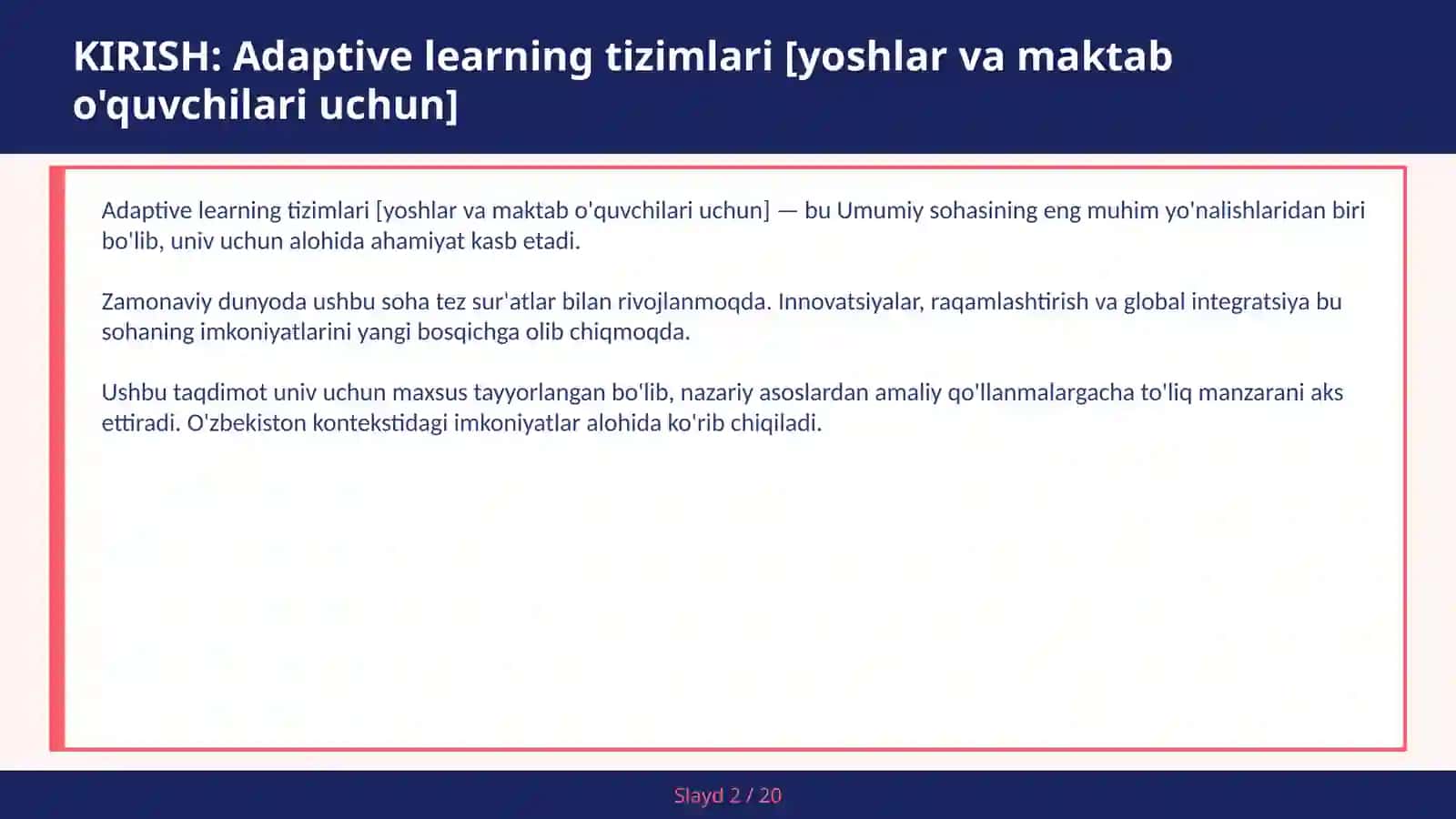 Adaptive learning tizimlari [yoshlar va maktab o'quvchilari uchun] 2