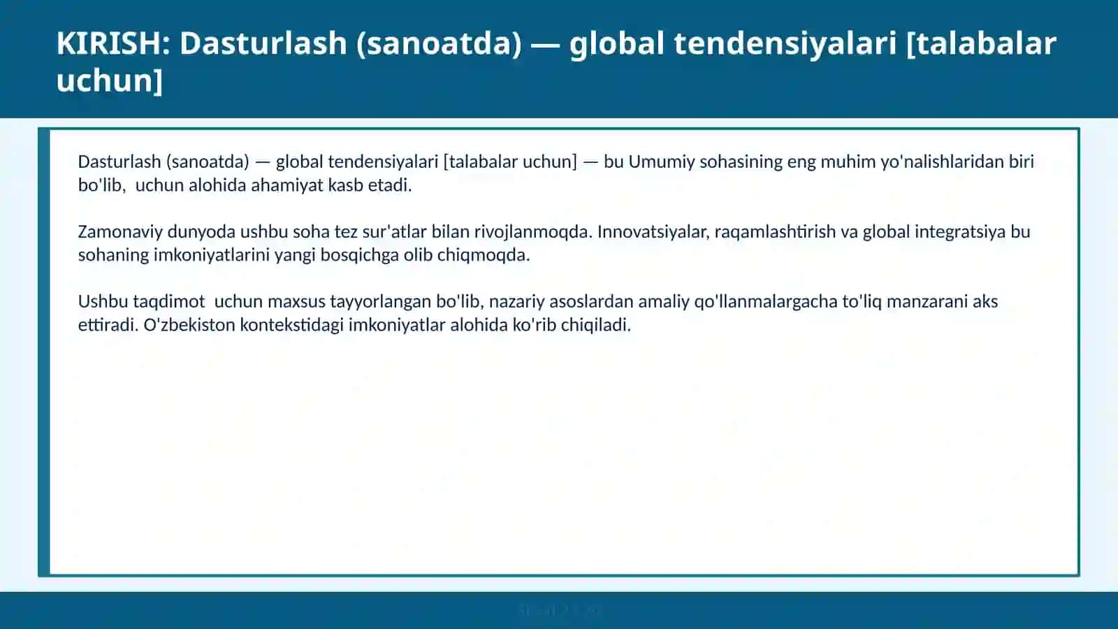 Dasturlash (sanoatda) — global tendensiyalari [talabalar uchun] 2