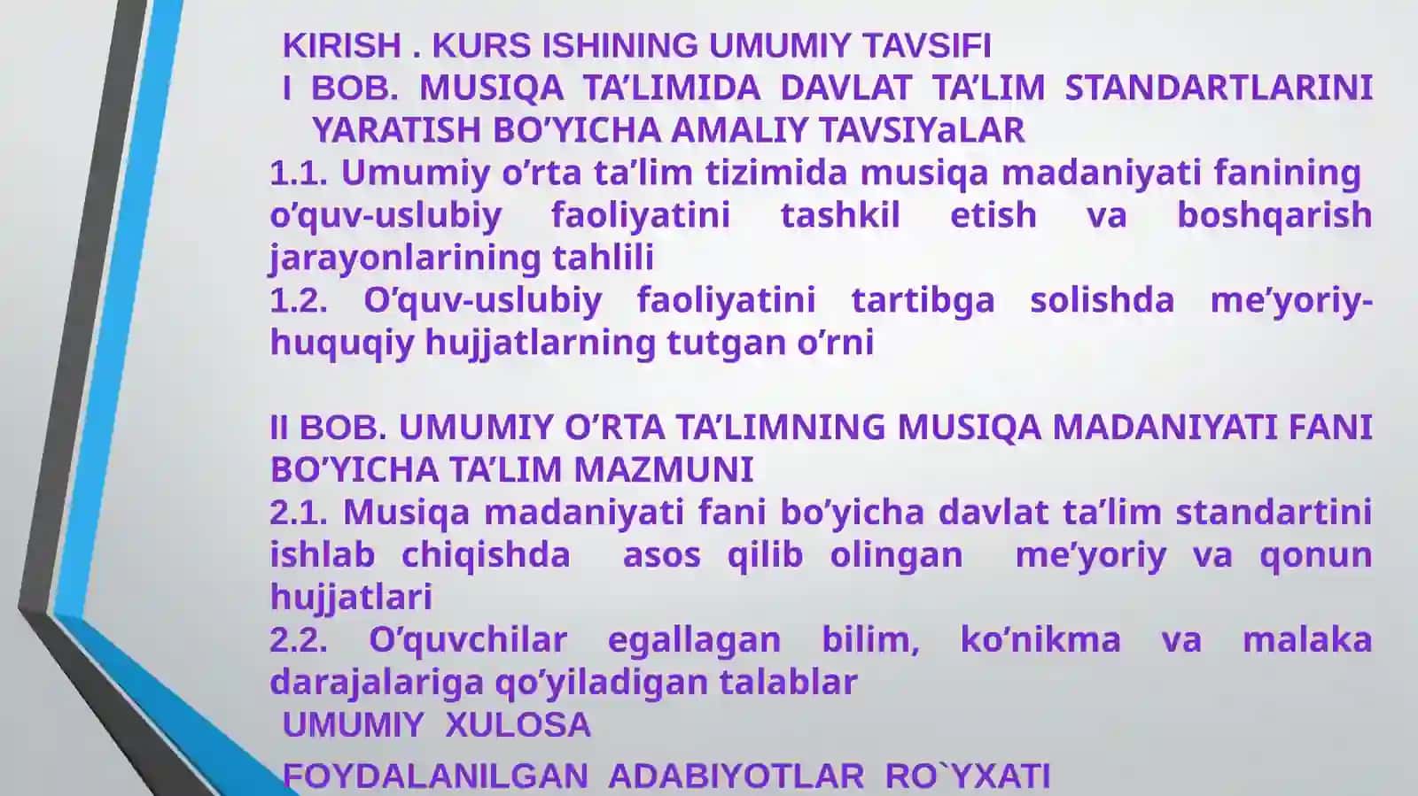 MUSIQA MADANIYATI DARSLARI UCHUN DAVLAT TA`LIM STANDARTLARI, MALAKA TALABLARINING BAJARILISHI BO`YICHA TAVSIYALAR 2