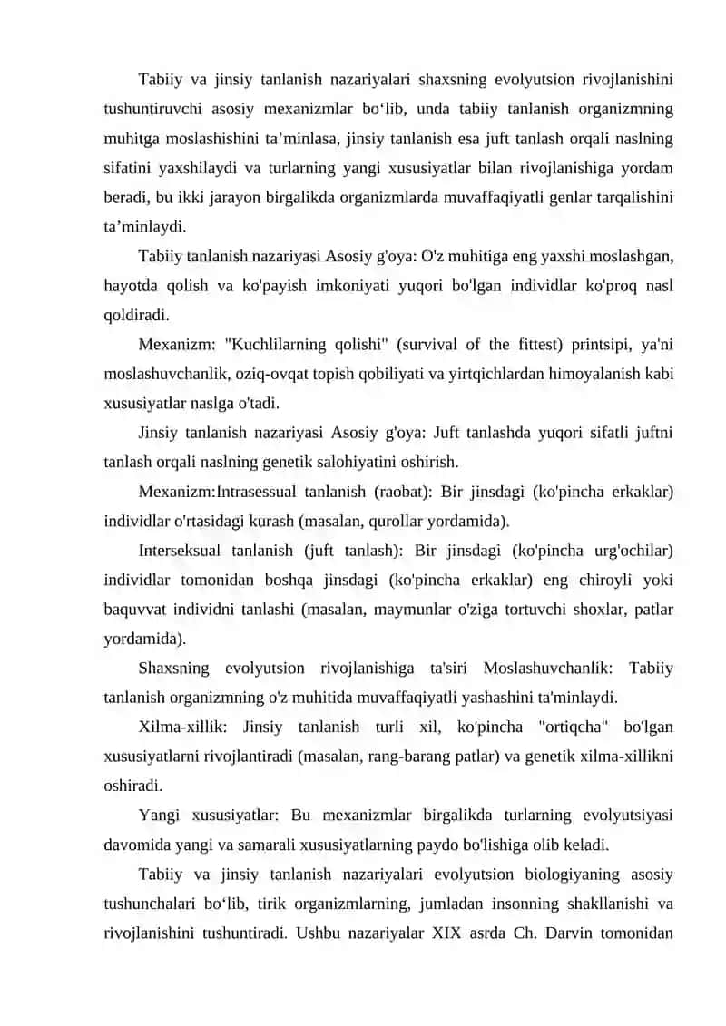 TABIIY VA JINSIY TANLANISH NAZARIYALARI. SHAXSNI EVOLYUTSION JIHATDAN RIVOJLANISHI 2