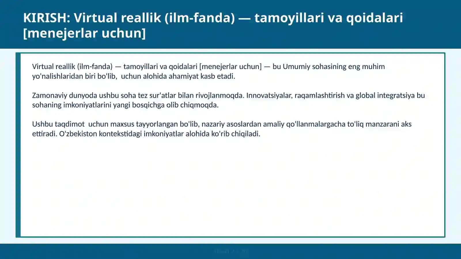 Virtual reallik (ilm-fanda) — tamoyillari va qoidalari [menejerlar uchun] 2