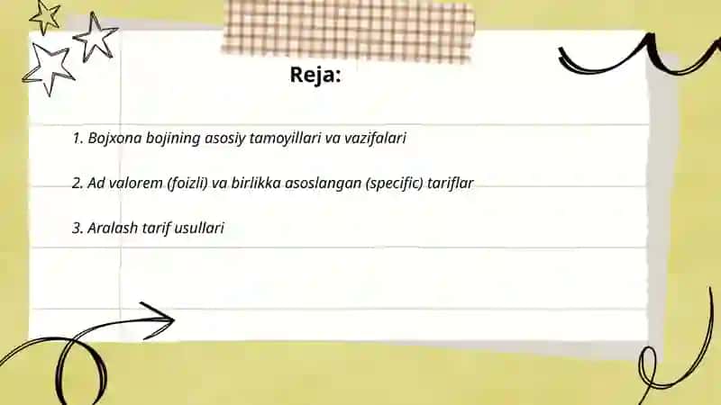 Bojxona boji va tarif usullari.Budjetga bojxona toʻlovlari 2