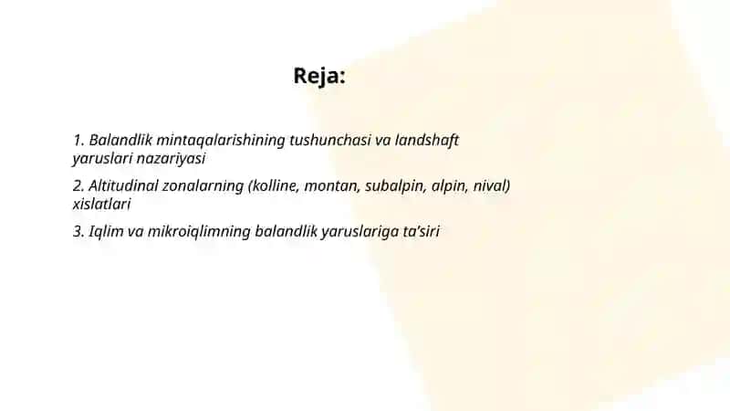 Landshaftlarning balandlik mintaqalarishi va landshaft yaruslari 2
