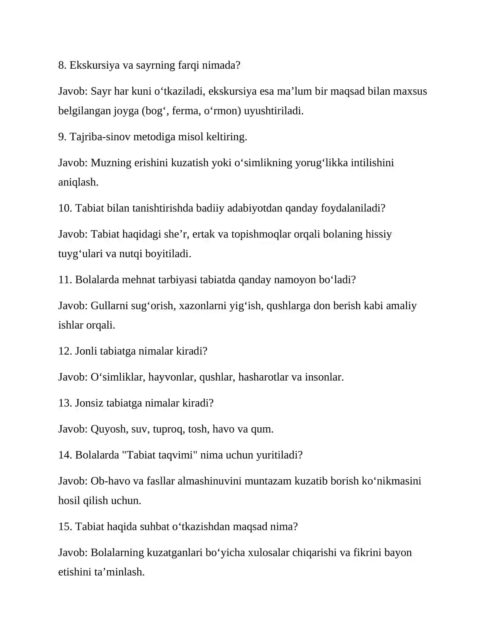 Tabiat bilan tanishtirish metodikasi: 20 savol-javob 2