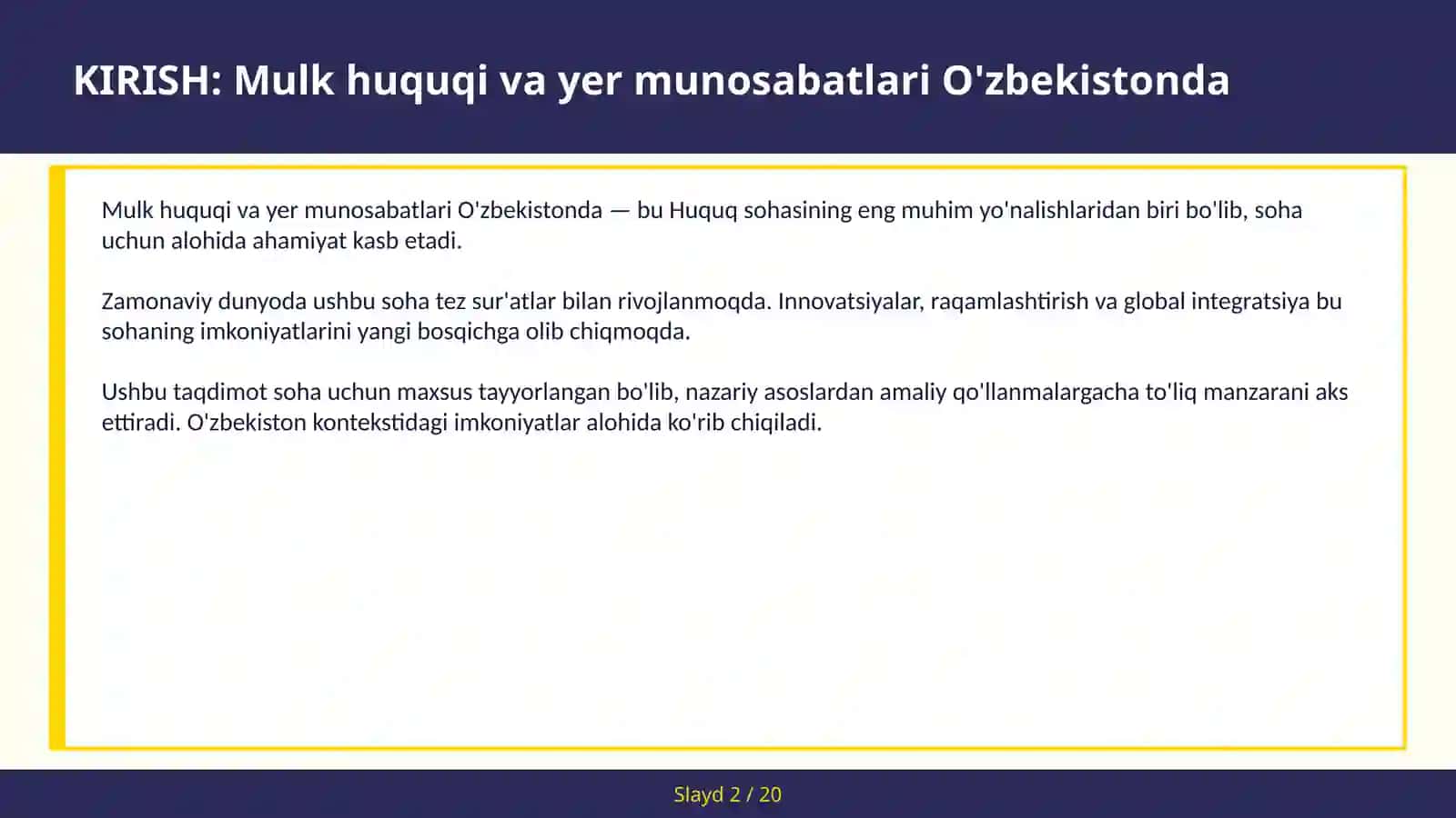 MULK HUQUQI VA YER MUNOSABATLARI O'ZBEKISTONDA 2