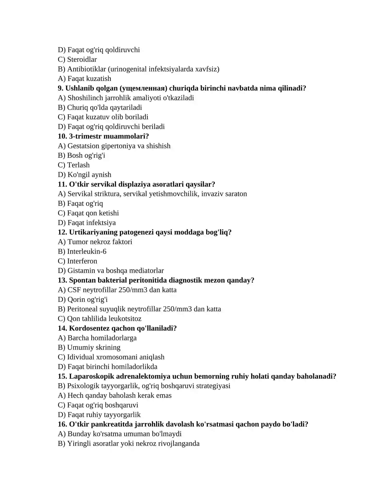 Mutaxassislik imtihon savollari (Terapiya, Jarrohlik, Akusherlik-ginekologiya) 2
