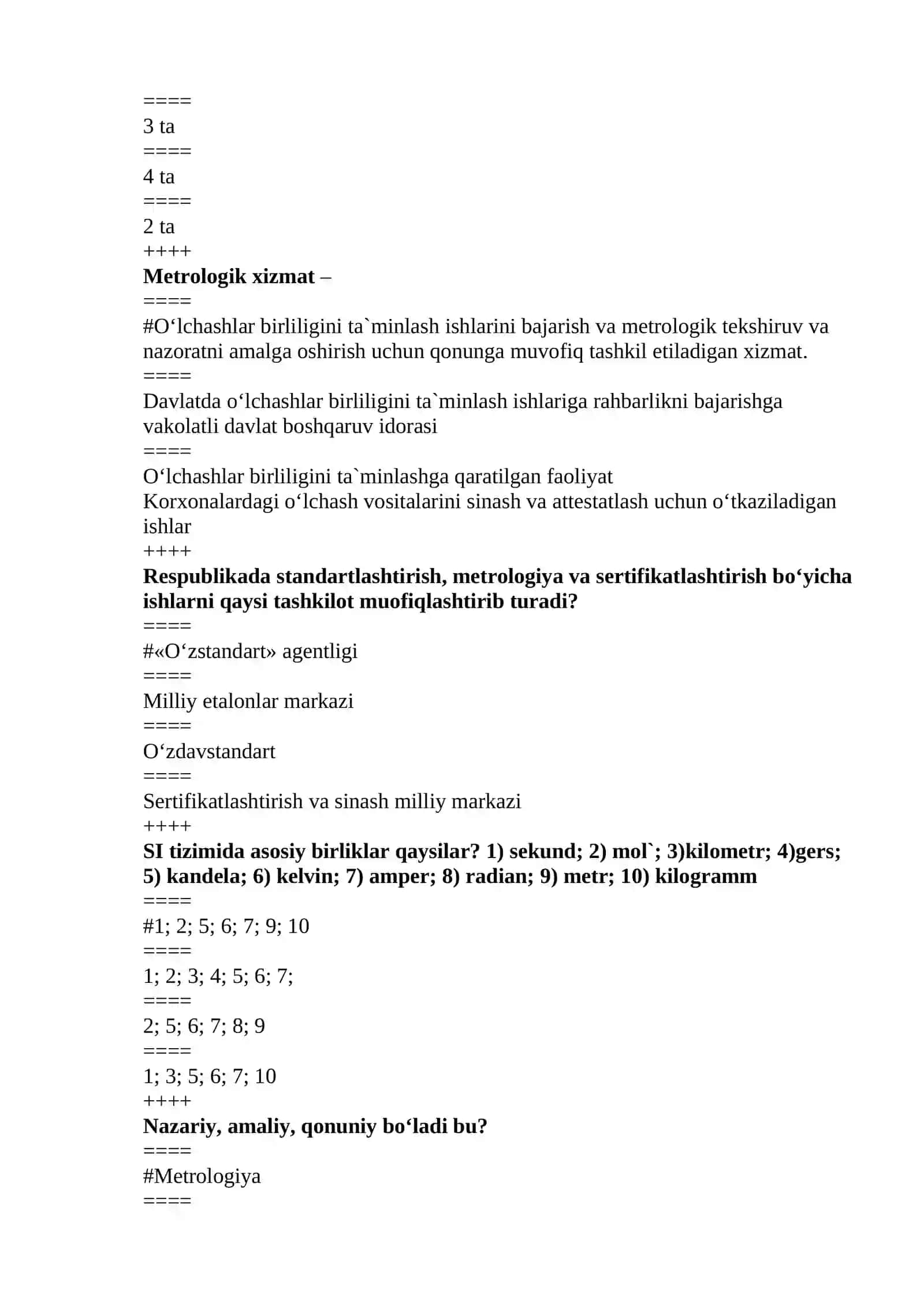 Metrologiya fanidan yakuniy test savollari 2