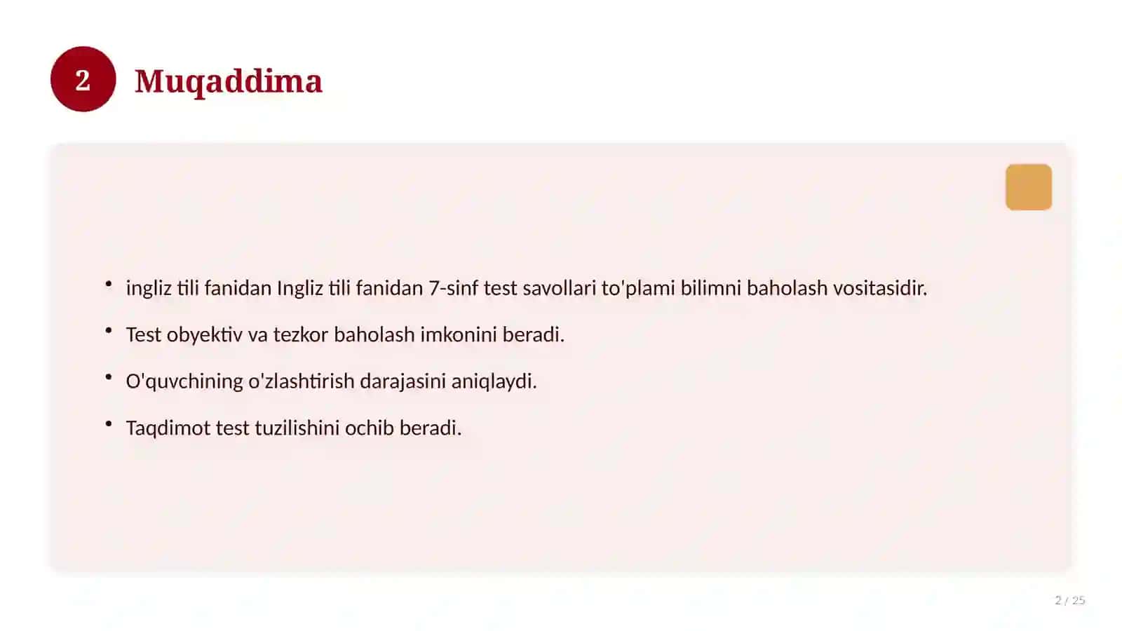 Ingliz tili fanidan 7-sinf test savollari to'plami 2