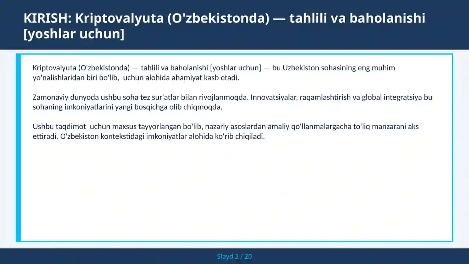 Kriptovalyuta (O'zbekistonda) — tahlili va baholanishi [yoshlar uchun] 2