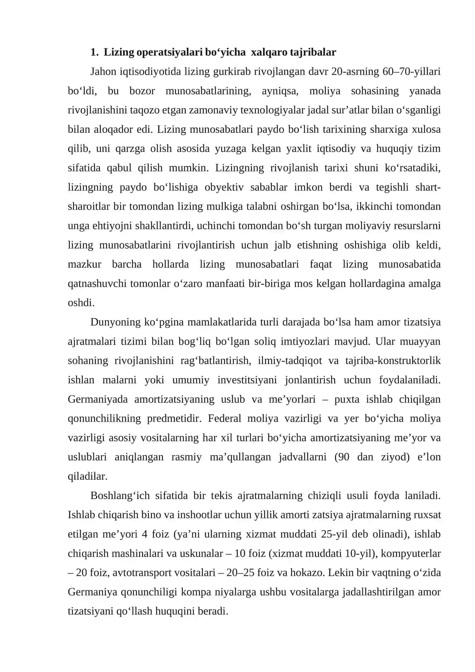 Lizing оpеratsiyalari bo‘yicha milliy va хоrijiy tajribalar 2