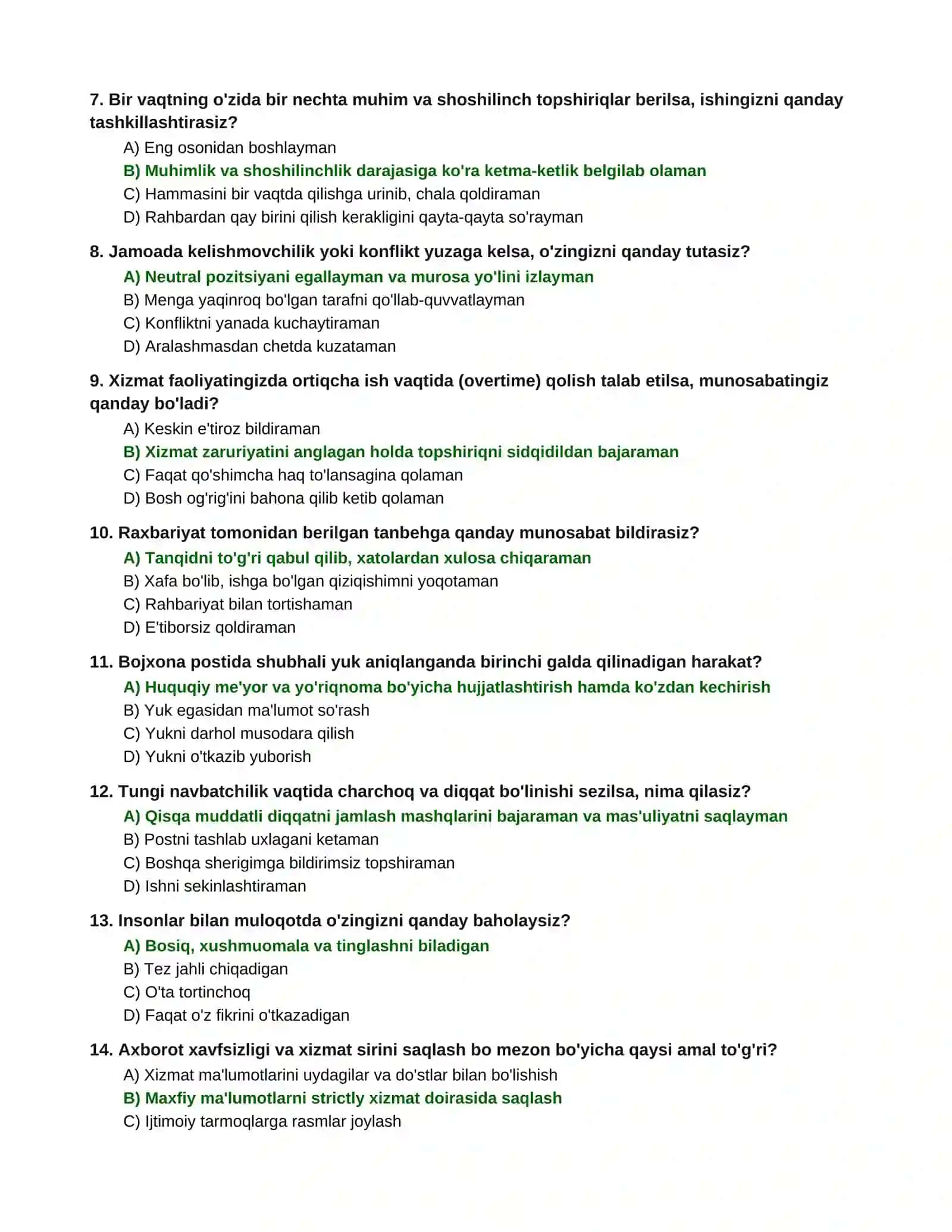 Bojxona xizmati psixologik test savollari va javoblari (86 ta) 2