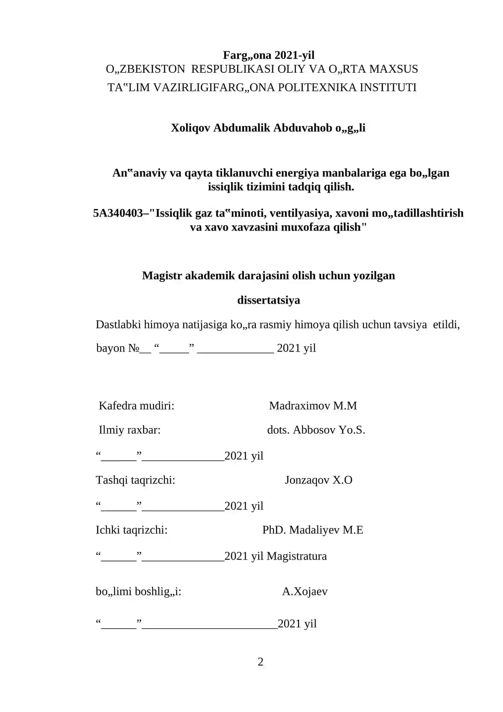 An‟anaviy va qayta tiklanuvchi energiya manbalariga ega bo„lgan issiqlik tizimini tadqiq qilish 2