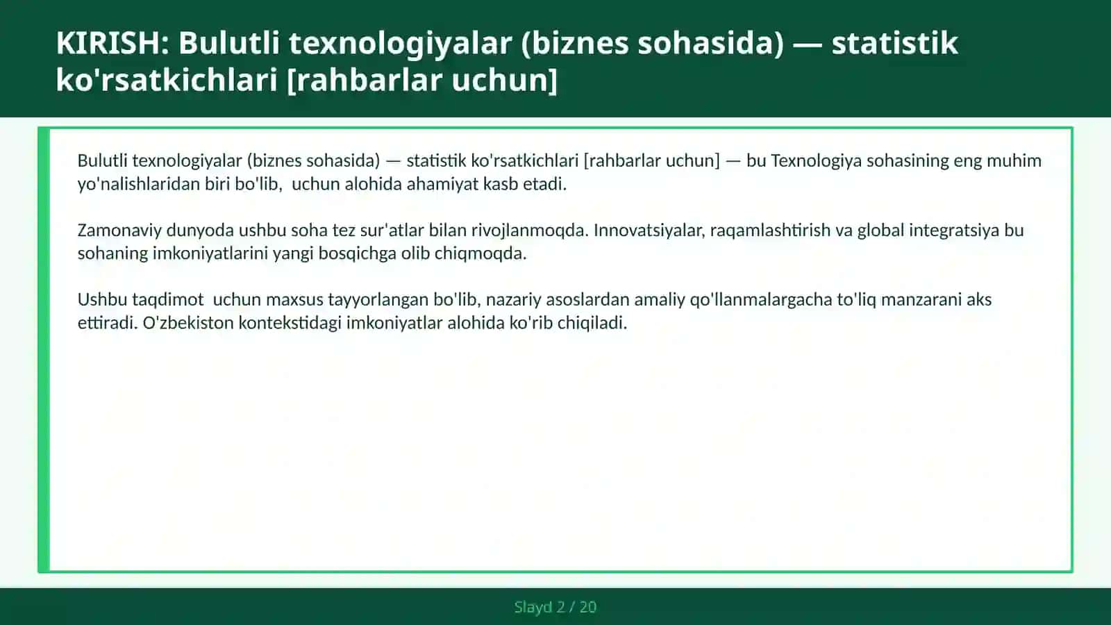 Bulutli texnologiyalar (biznes sohasida) — statistik ko'rsatkichlari [rahbarlar uchun] 2