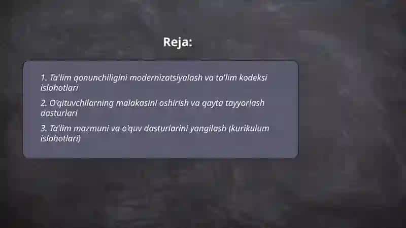 Ta'lim qonunchiligini modernizatsiyalash va ta'lim kodeksi islohotlari 2