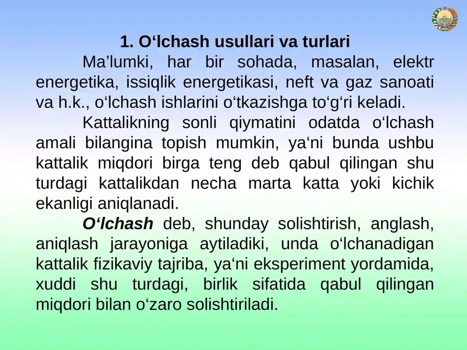 O’lchash turlari va usullari. O’lchash vositalari va ularning tasniflanishi. Oʼlchash xatoliklari va ularning paydo bo’lish sabablari 2