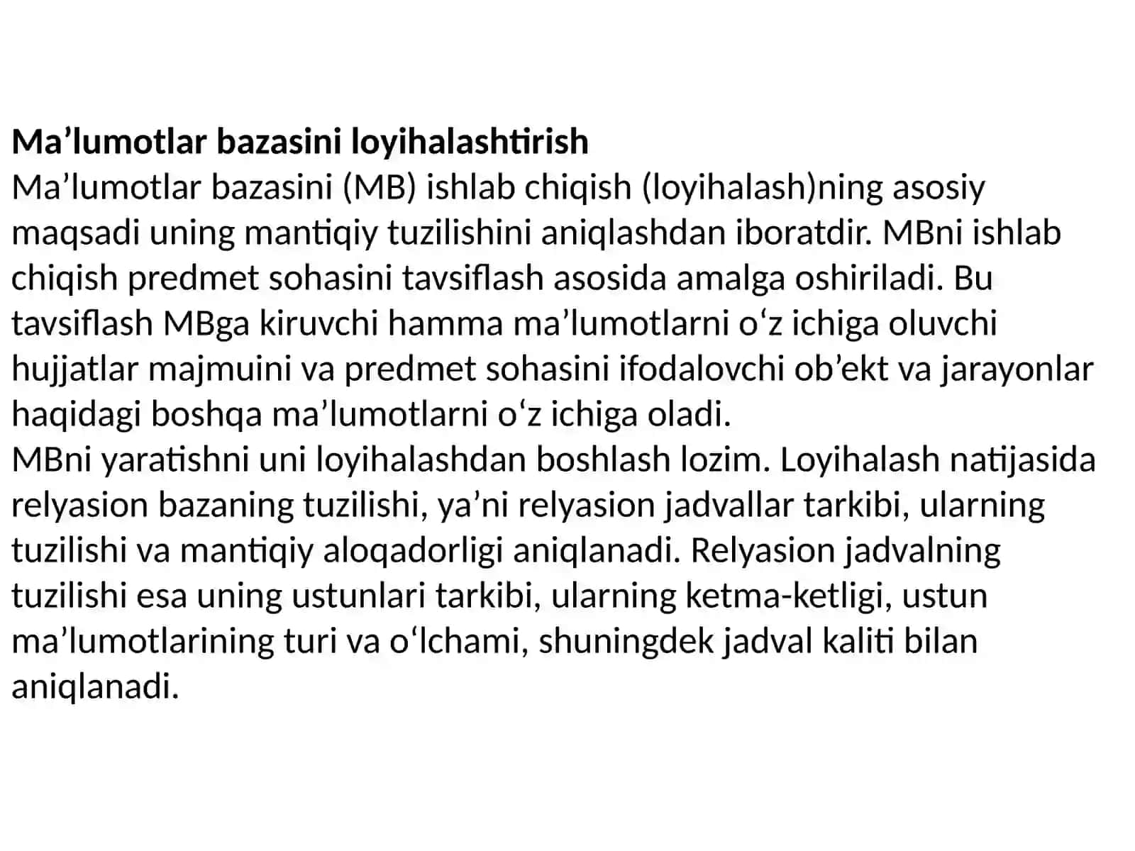 Tibbiyot dəhşətli ma'lumotlar bazasi loyihalashtirish 105-guruh Sunnatova Dilafruz 2
