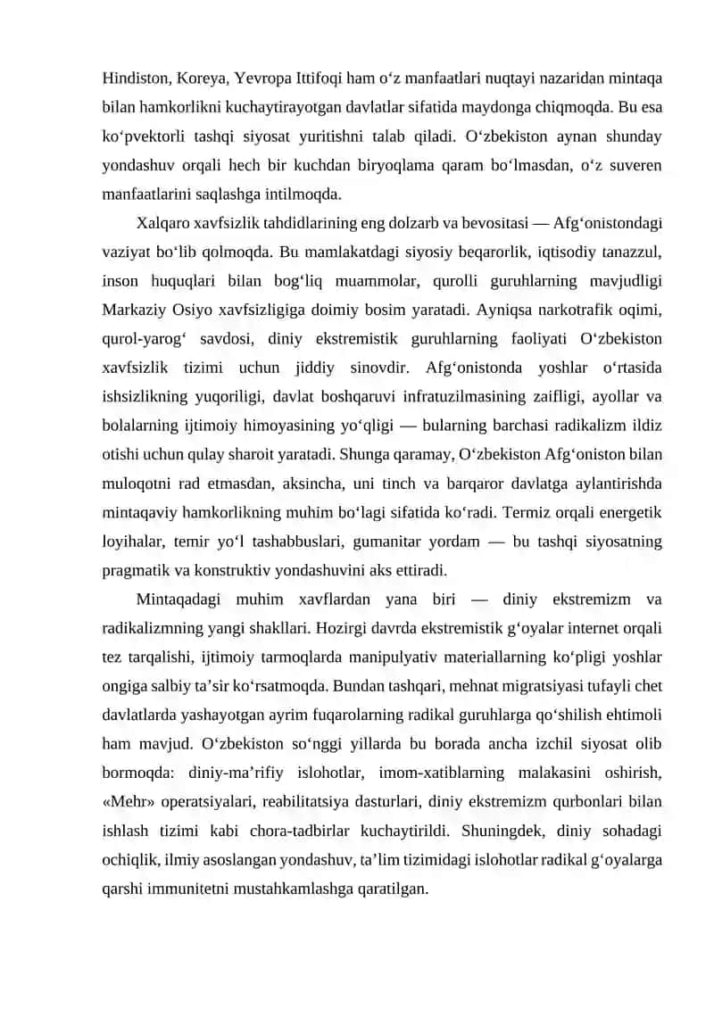 Markaziy Osiyo va O‘zbekiston kontekstida xalqaro xavfsizlik tahdidlari 2