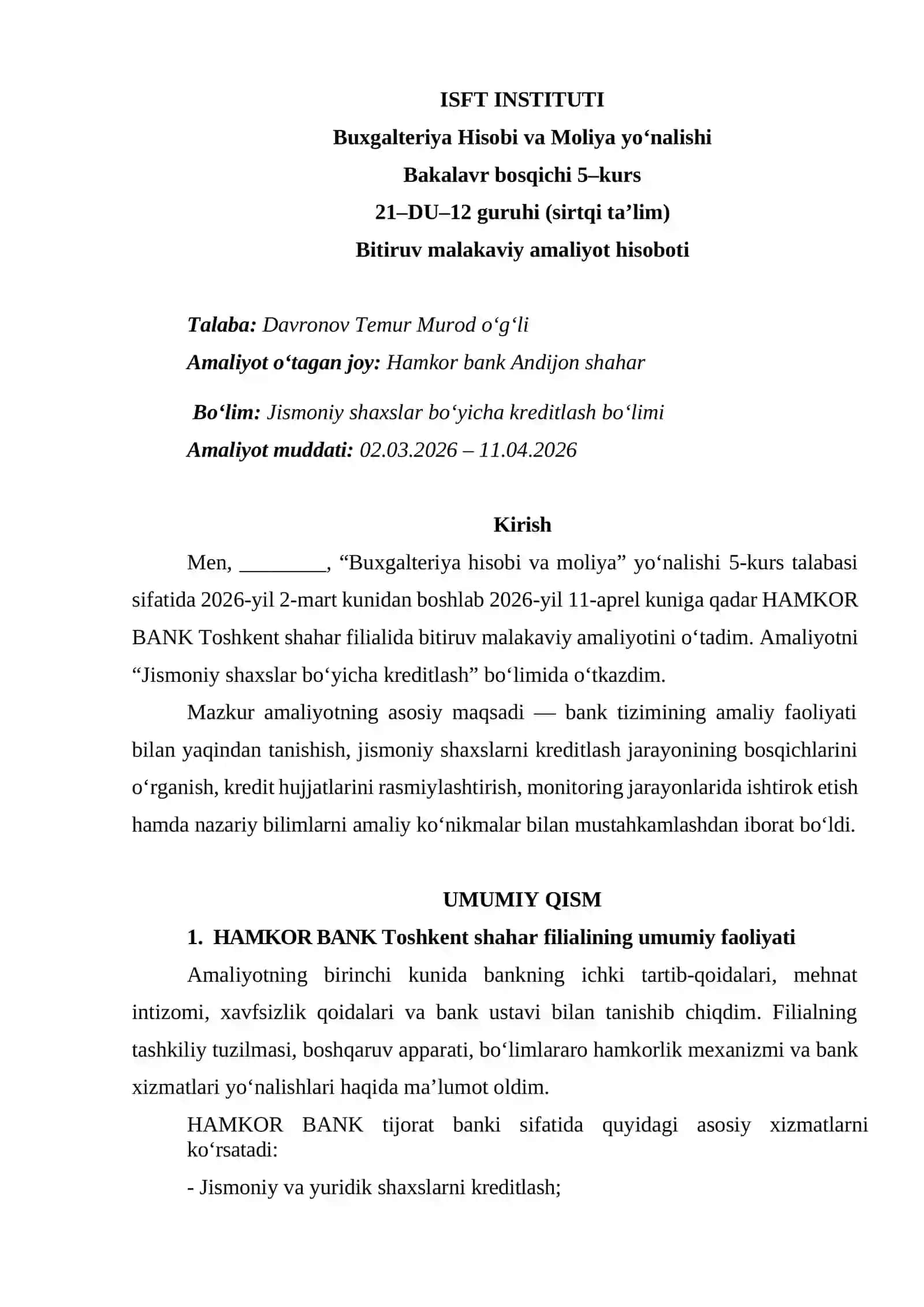 HAMKOR BANK.6 haftalik .Bitiruv malakaviy amaliyot hisoboti 2
