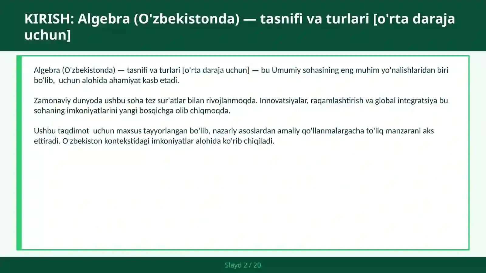 Algebra (O'zbekistonda) — tasnifi va turlari [o'rta daraja uchun] 2