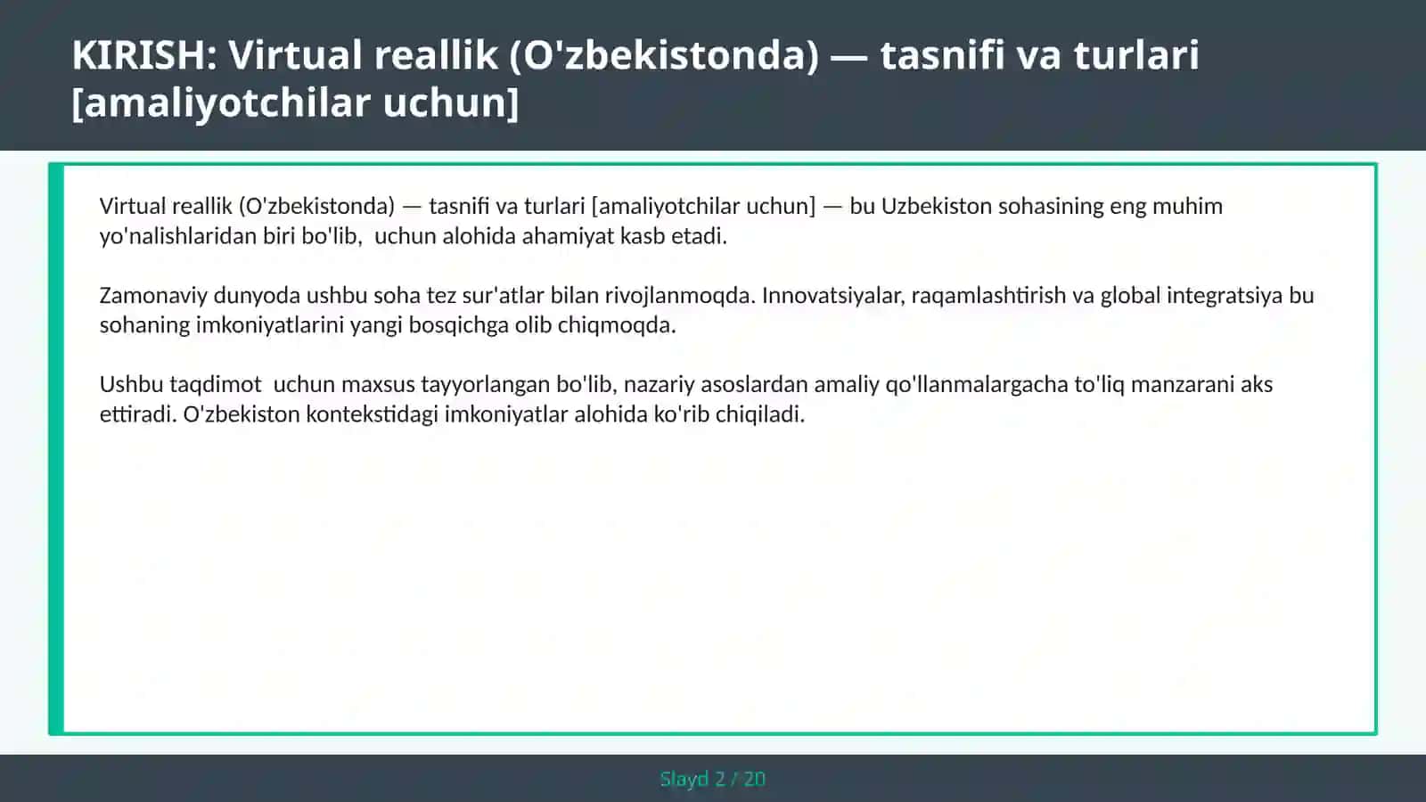 Virtual reallik (O'zbekistonda) — tasnifi va turlari [amaliyotchilar uchun] 2