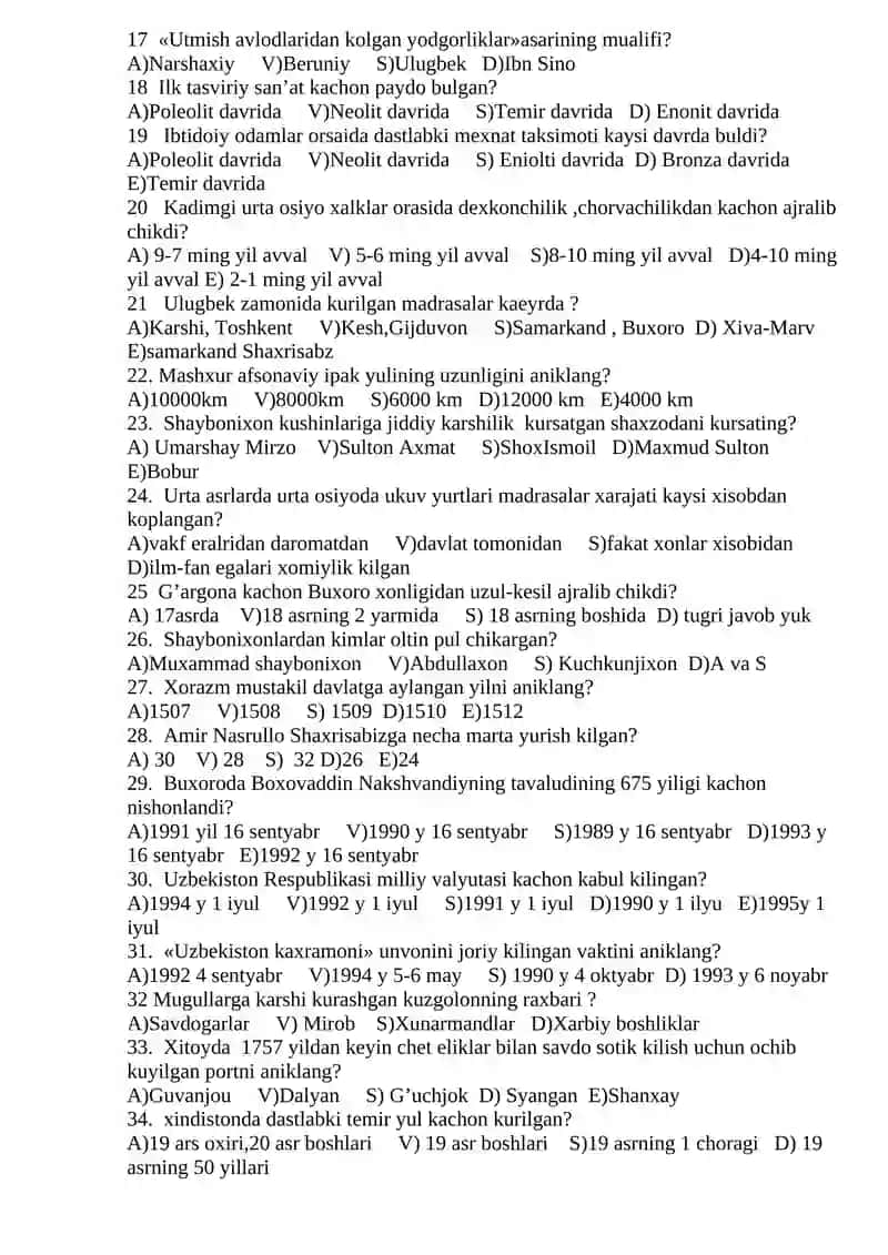 9-SING’ Tаriх fаnidаn tеst sаvоllаri 2