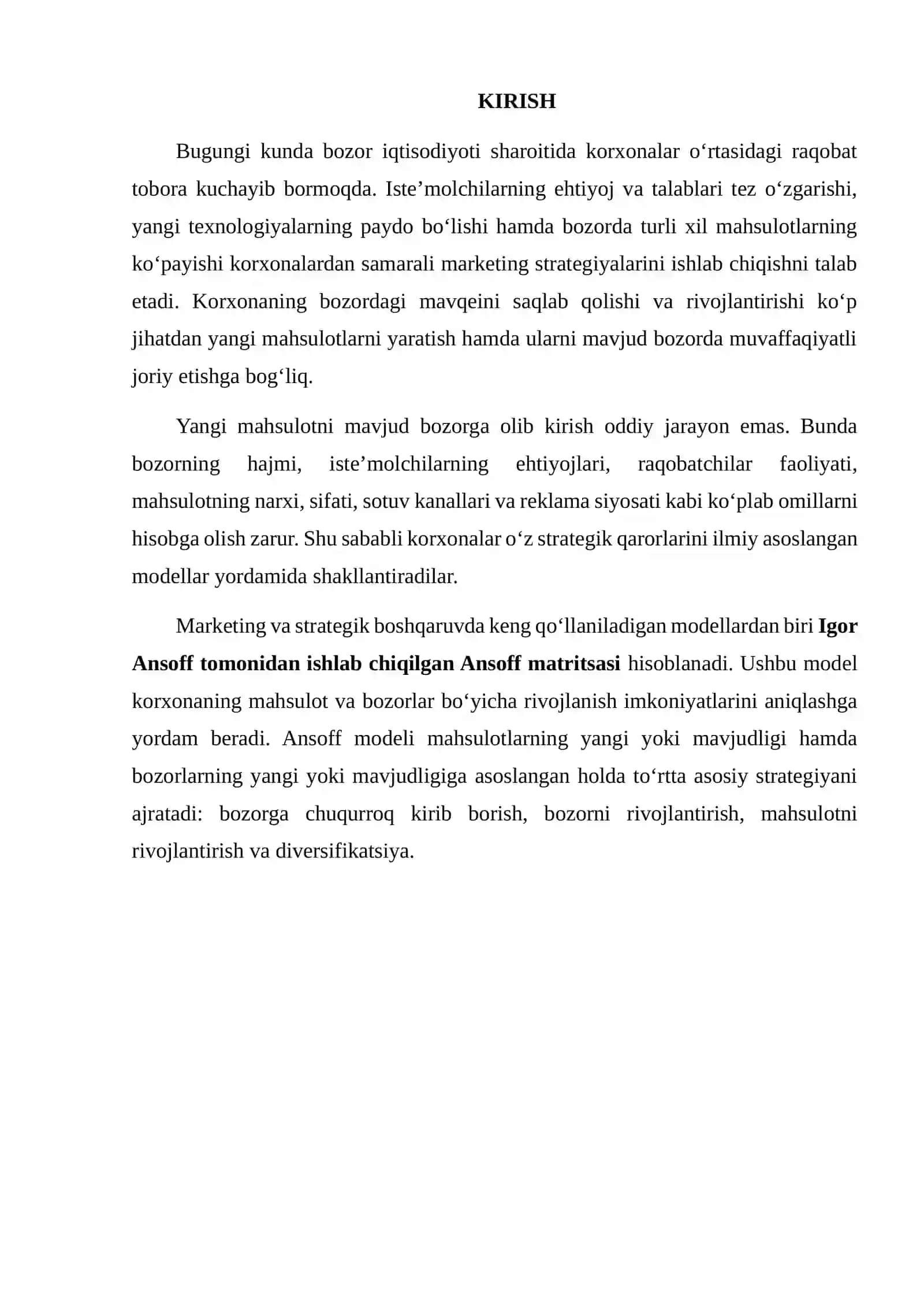YANGI MAHSULOTNI MAVJUD BOZORGA JORIY ETISH IMKONIYATLARINI ANSOFF MODELI ASOSIDA TAHLIL QILISH 2