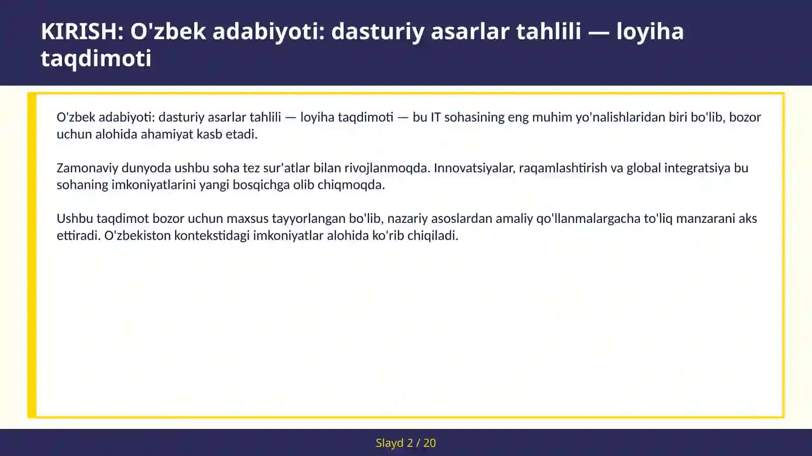 O'zbek adabiyoti: dasturiy asarlar tahlili — loyiha taqdimoti 2