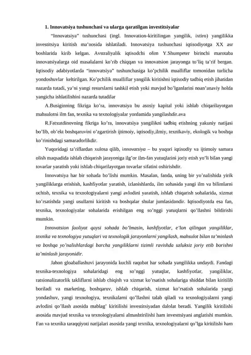 Innovatsiya tushunchasi va ularga qaratilgan investitsiyalar 2