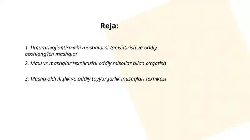 Umumrivojlantiruvchi va maxsus mashqlar texnikasi bilan tanishtirish oʻrgatish 2