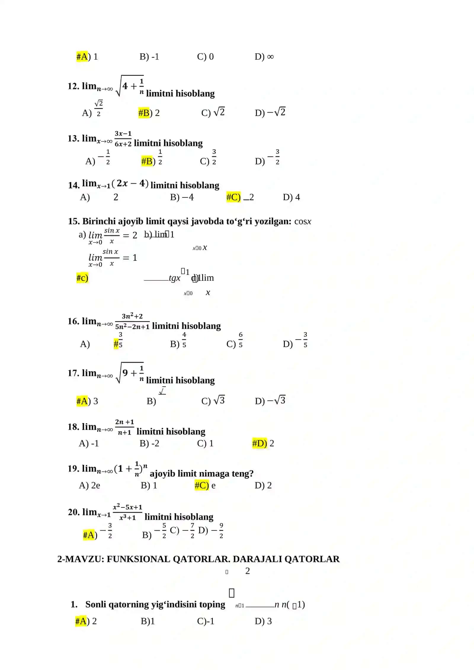 MATEMATIKA FANIDAN IV-SEMESTR MAVZULASHTIRILGAN TESTLAR 2