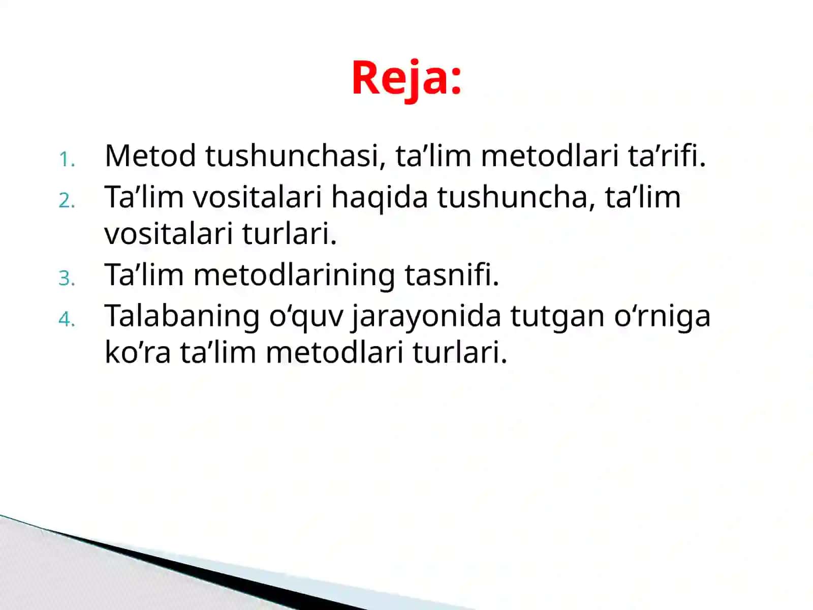 Maxsus fanlarni o'qitish mazmunini belgilab beruvchi me'yoriy hujjatlar, maxsus fanlarni o'qitish metod va vositalari 2