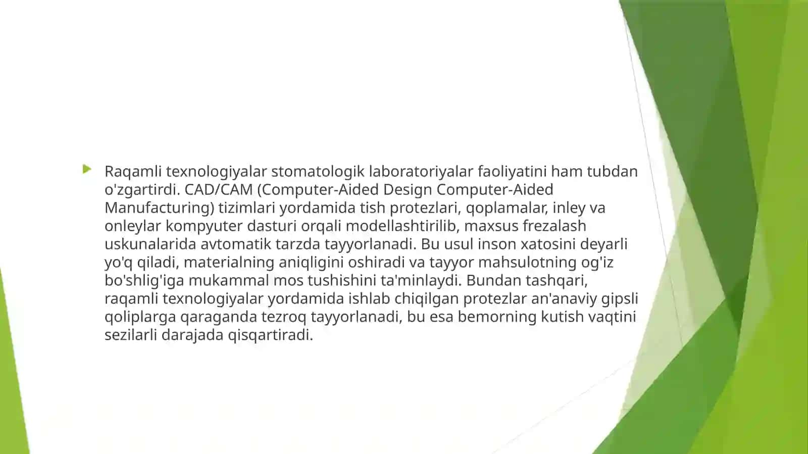 Umumiy amaliyot shifokor-stomatologining bitta saqlanib qolgan tish bilan protezlashda an'anaviy va raqamli texnologiyalar usullarini bilishi. Magnit, teleskopik, to'sinli va qulflifiksatsiyatizimlariga ega bo'lgan yechiladigan tish protezlarini tayyorlash 2