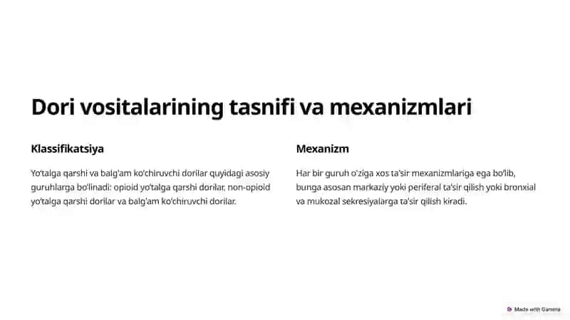 Yoʻtalga qarshi va balgʻam koʻchiruvchi dori vositalarining klinik farmakologiyasi 2