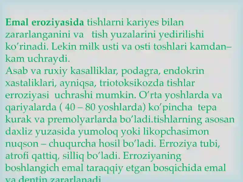 Tish chiqqandan keyin paydo bo’ladigan nokariyes kasalliklar. Tish qattiq  to’qimasi eroziyasi. Klinikasi, tashxislash va qiyosiy tashxislash. 2