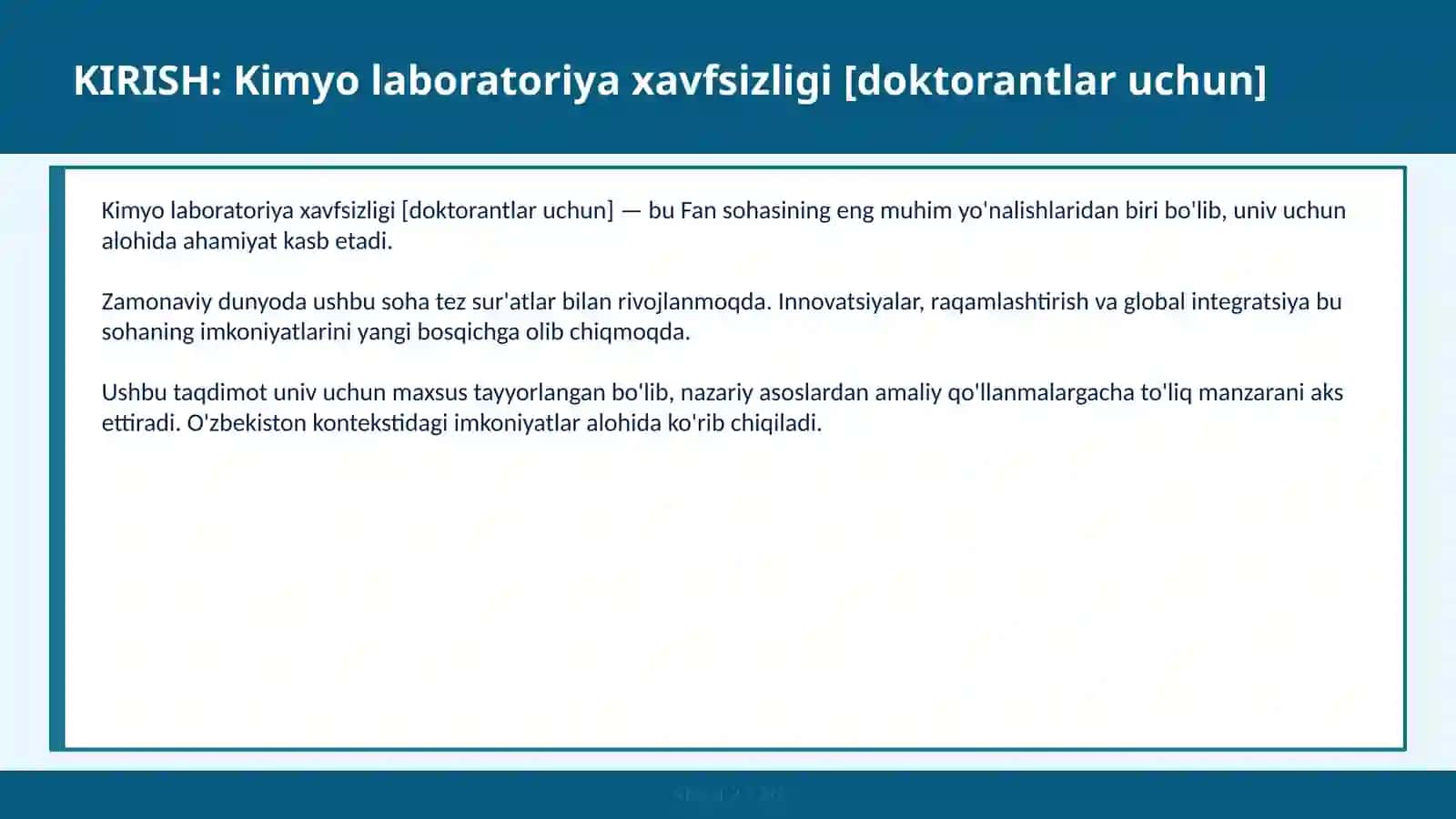 Kimyo laboratoriya xavfsizligi [doktorantlar uchun] 2