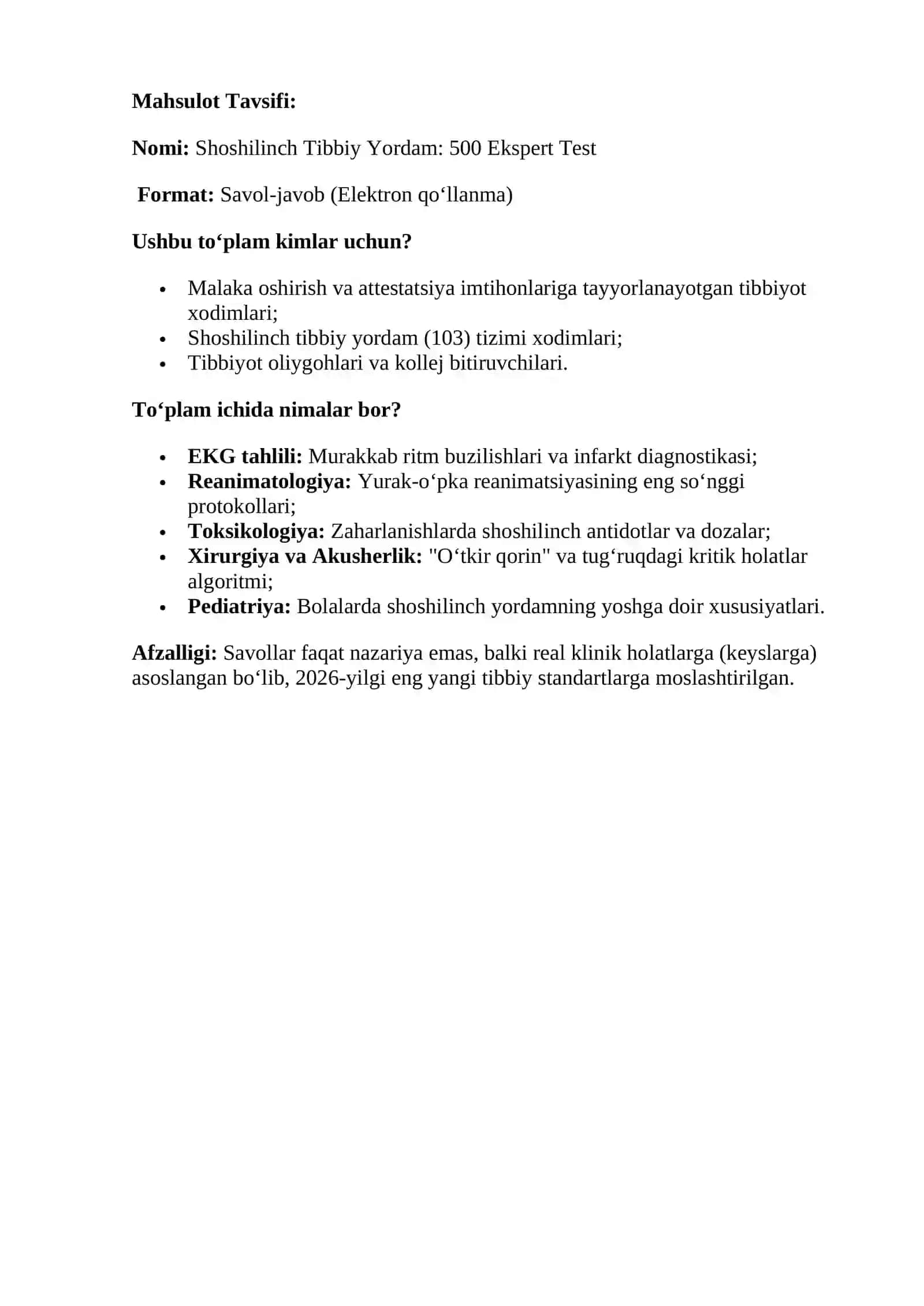 Shoshilinch Tibbiy Yordam: 500 Ekspert Test Attestatsiya va imtihonlar uchun maxsus 2