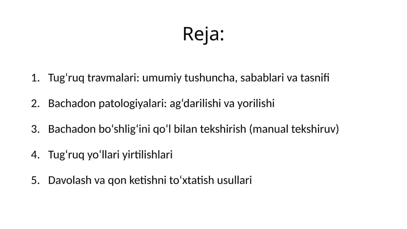 Tug‘ruqdaonalartravmasi:bachadonag‘darilishi(inversiouteri),bachadonyorilishi(rupturauteri),bachadonbo‘shlig‘iniqo‘lbilantekshirish,bachadonbo‘yni,qinvaoraliqyirtilishlarihamdatug‘ruqvatug‘ruqdankeyingidavrdaqonketishvaunito‘xtatishusullari 2