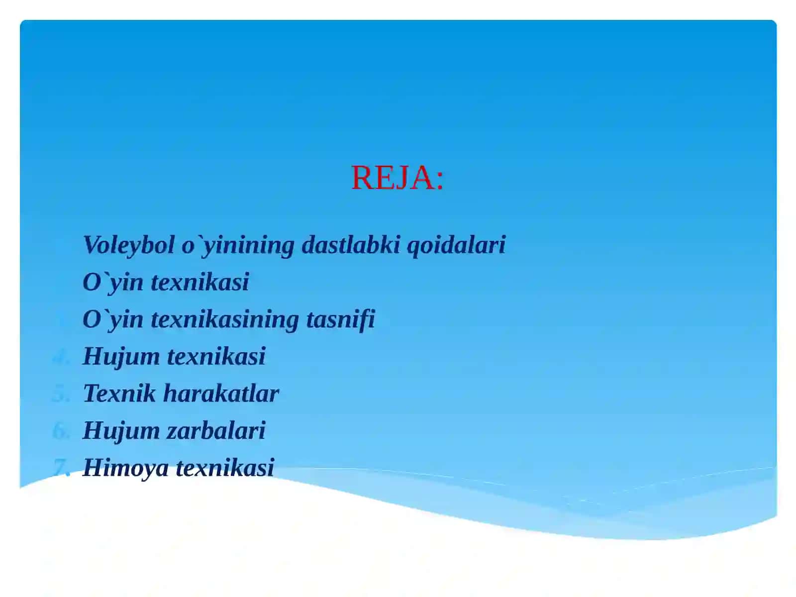 Sporto‘yinlari–Voleybol(to‘pnio‘yingakiritish,qabulqilishnio‘rgatish.Ikkitomonlamao‘quvo‘yini) 2