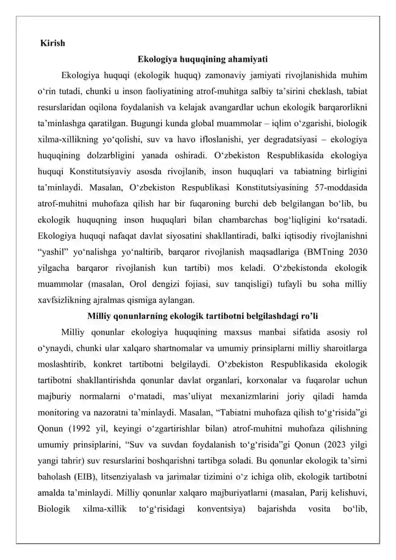 Ekologiya huquqining maxsus manbasi sifatida O‘zbekiston Respublikasi qonunlari 2