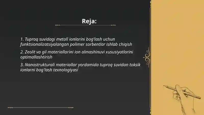 Tuproq suvining ifloslanishida ionlar boğlanishini birikmalarini tozalash ğoyasini ishlab chiqarish 2