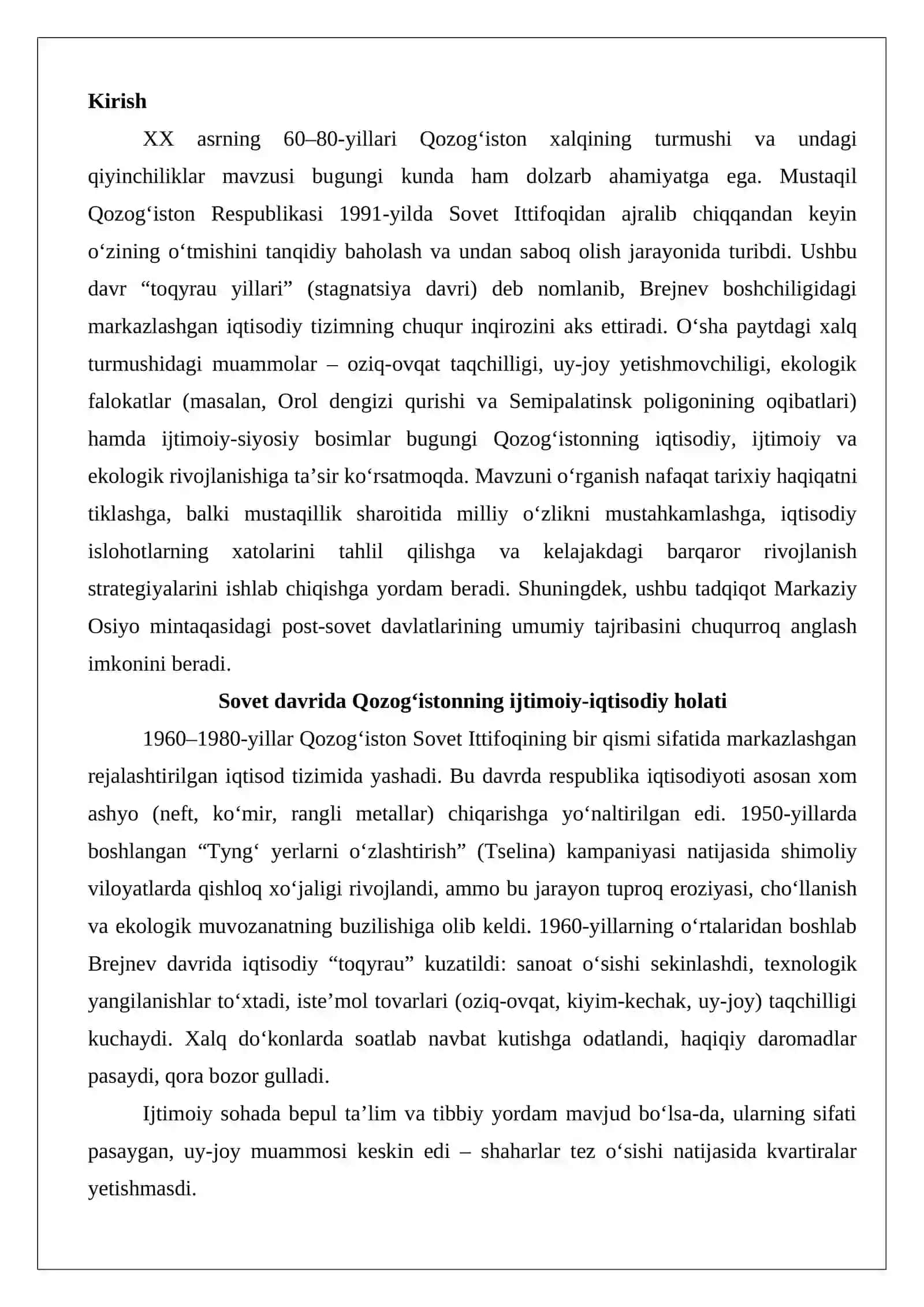XX asrning 60-80 yillarida Qozog’istonda xalq turmishi:qiyinchiliklar va muammolar 2