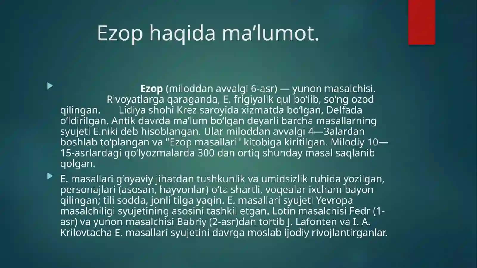 “Ezop va uning masallarida hayot ibratlari, insoniy xususiyatlarning yoritilishi” mavzusi 2