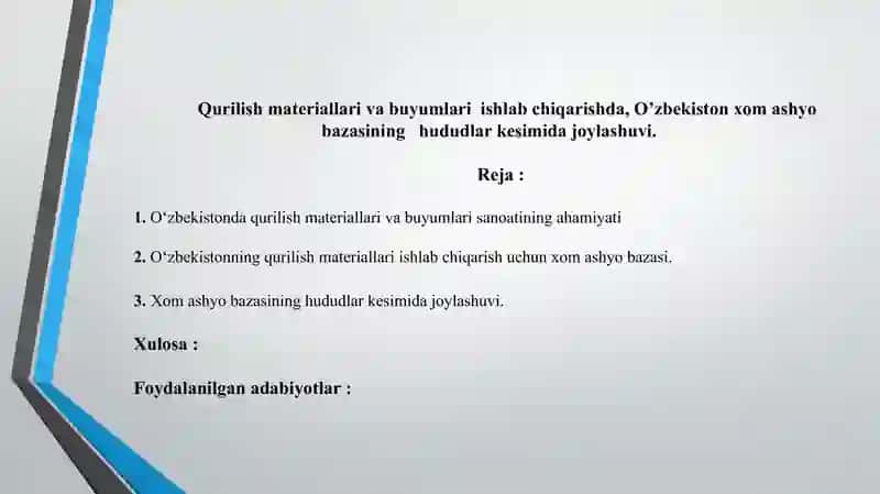 Qurilish materiallari va buyumlari ishlab chiqarishda, O'zbekiston xom ashyo bazasining hududlar kesimida joylashuvi 2