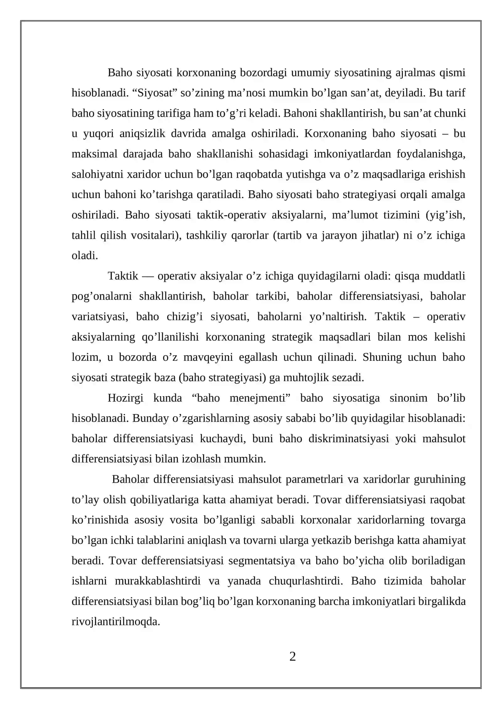 Korxonaning baho siyosati 2