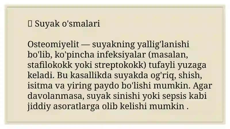 SUYAK O’SMALARI. ARTROZLAR VA ARTRITLAR. BO’G’IMLAR O’SMALARI. YUMSHOQ TO’QIMALAR O’SMALARI 2