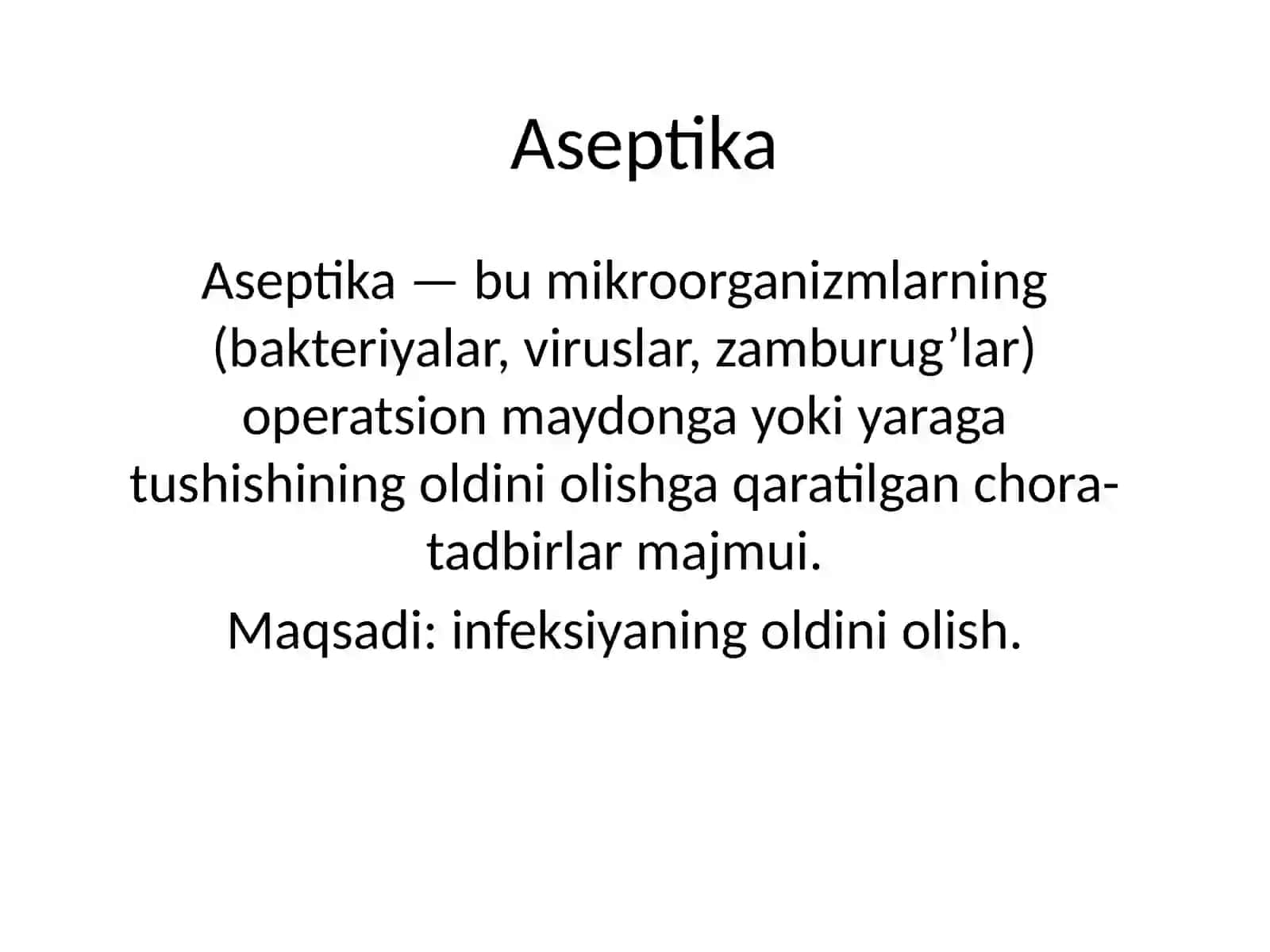 № 14 Aseptika va antiseptika tushunchasi. Operatsion maydoni aseptikasi tushunchasi. Yuqumli kasalligi bor bemorlarda xususan Covid-19 da bemorlarni tekshirish 2