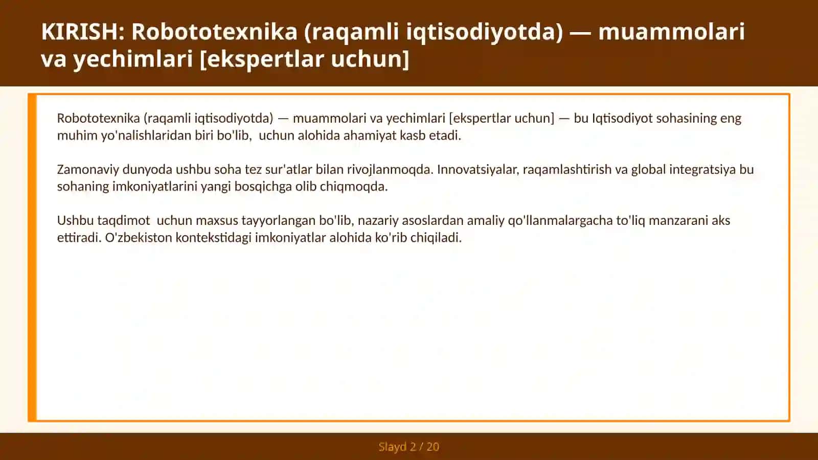 Robototexnika (raqamli iqtisodiyotda) — muammolari va yechimlari [ekspertlar uchun] 2