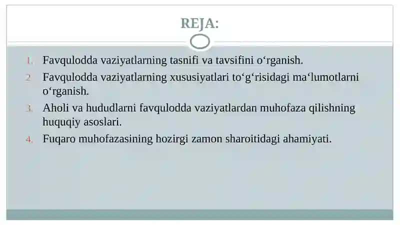 O’zbekiston Respublikasida yuzaga kelishi mumkin bo’lgan favqulodda vaziyatlar va ularni oldini olish borasidagi ishlar 2